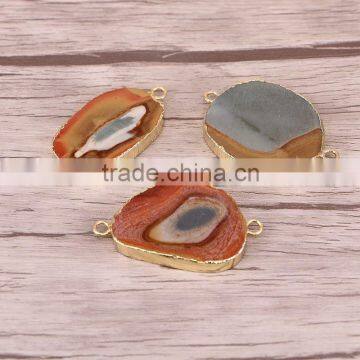 Charm Agate Druzy Connector Beads, Gold Plated Edged Picture Stone Beads For Jewelry Making