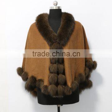 2015 fashion 80cm cashmere cape with fur trim for women CC99