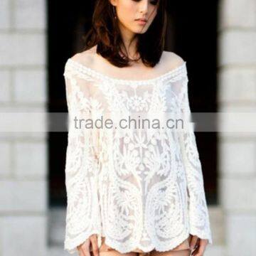 Ladies sexy knitted hollow crochet embroidery stretch lace tops