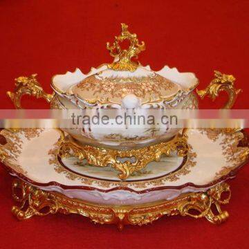 Royal Design Gilt Bronze Mounted Soup Container with Serving Tray, Hand Painted Bone China Dinnerware, Home Decorative Soup Pot