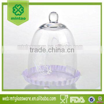 wholesale glass cake dome set glass cover with colorful metal tray