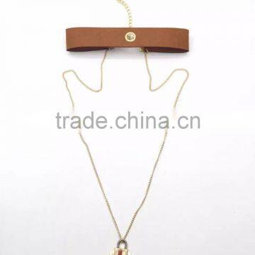 Simple Brand Leather Choker With Locket Pendant Long Chain Necklace photo-5