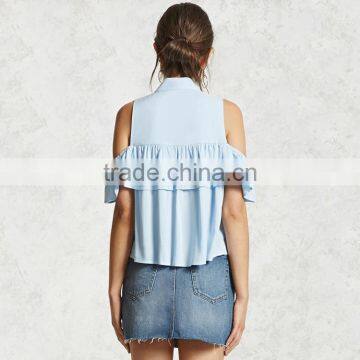 HAODUOYI Fashion Short Sleeve Women Blouse Loose Falbala Single Breasted Colder Shoulder Lapel Ladies Shirts for Wholesale photo-3