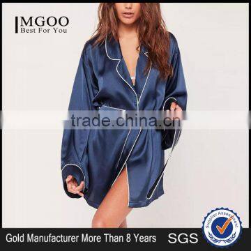 2017 New Arrival Pyjamas Kimono Silk Robe Navy Contrast Piping Embroidered Logo Shirt Dress With Tie Waist