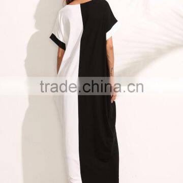 Colorblock Pocket Short Sleeve Maxi Dress 100% Cotton Two Color Contrast Sewing Casual Tee Dress photo-5