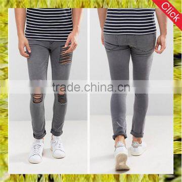 New style custom men's skinny jeans pants with extreme rips in grey wash