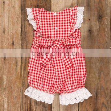 Girls Red Check Lace Bubble 4th of July Romper For Baby Kids photo-2