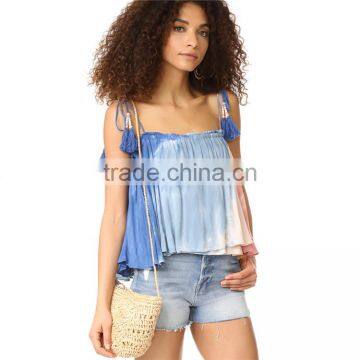 Hot Sleeveless Tie Dye Tassel Straps 2017 Blouse Women Summer photo-6