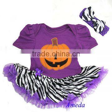 Baby Halloween Pumpkin Purple Zebra Bodysuit Romper Pettiskirt Headband 0-18M