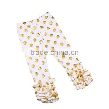 2016 Hot Design sew sassy gold polka dot printed icing ruffle pant girls icing capris set