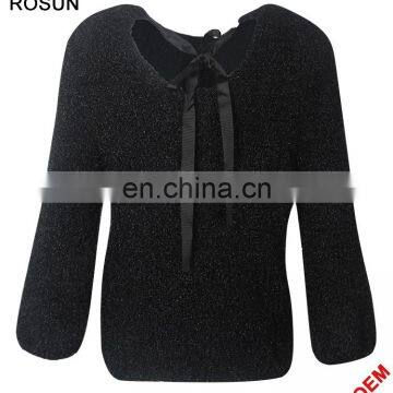 Women Rosette Korea Designs Black Knit Pullover Sweater Top