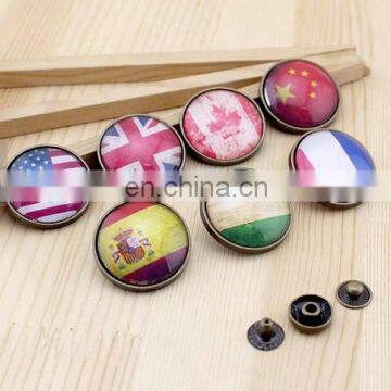 Brass Snap Button Set, Glass 28mm Round national flag antique bronze 7 Styles Button for choice-(4 Sets)