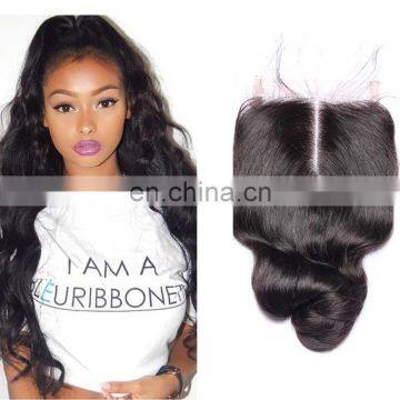 Hot selling  express silk base closure with baby hair, loose wave curly brazilian human hair lace closure middle part