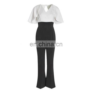 TWOTWINSTYLE Korean Elegant Patchwork Hit Color Jumpsuit Female V Neck Puff Sleeve High Waist Backless