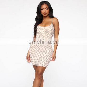 Wholesale Casual Explosive Women's Sling Round Collar Hollow Mesh Gauze Contrasting Slim Dresses photo-5