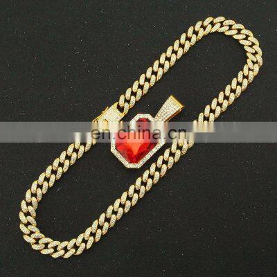 13mm Chain Pave Setting Ruby Crystal Hip Hop Diamond Cuban Link Chain Necklace photo-5