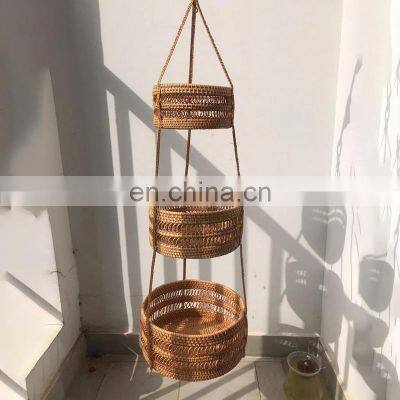 Hot SAle Rattan Wicker hanging fruit basket three tiers, Handcrafted Fruit Bread Nuts Candies Storage Box Basket