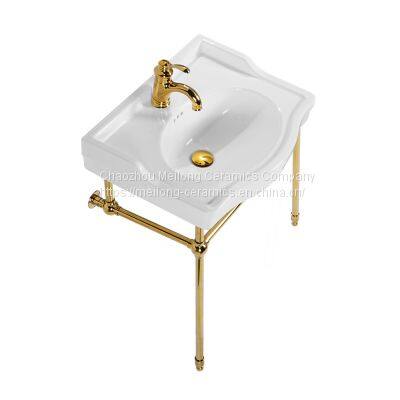 Bathroom 24 inches stainless steel console sink with white rectangle vitreous china ceramic washbasin