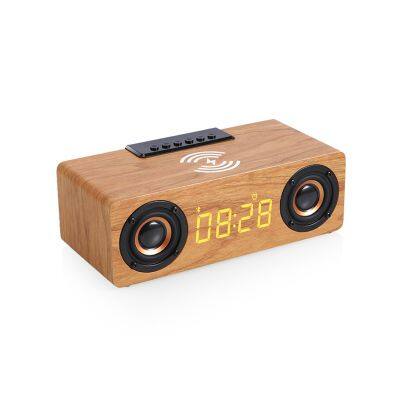 BT5.0 Mini Portable Stereo Wood Speakers Woofer Alarm Clock 2 in 1 Wireless Charger Speaker