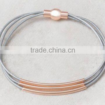 Stainless Steel Rose Gold Plated Personalised Three Circles Leather Bracelet