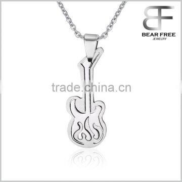 Polished Silver Stainless Steel Guitar Pendant Mens Womens Necklace with Chain