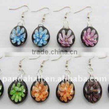 Handmade Lampwork Glass Drop Earrings, With Iron Findings, Flower(SLE030)