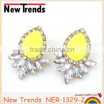 Unique gold crystal earring studs with large yellow acrylic stone