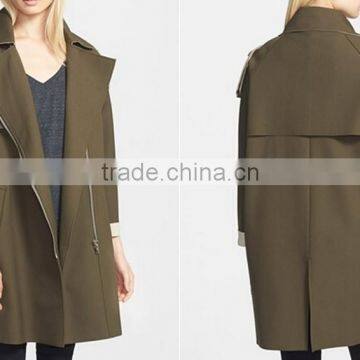 Custom Design Zip Front Olive Trench Coat
