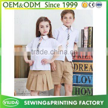 England style new design primary school uniform fashionable blank shirt and khaki skirt or shorts