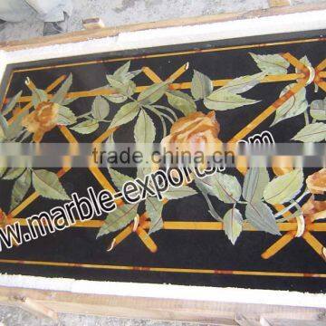 Black Rectangle Marble Inlay Table Top, Marble Inlay Center Tables, Rose Flower Deigns Inlaid Table Top