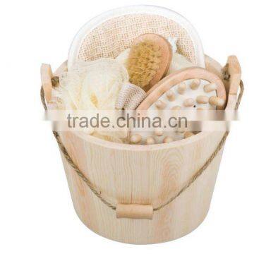 wooden barrel with kindof bath accessories