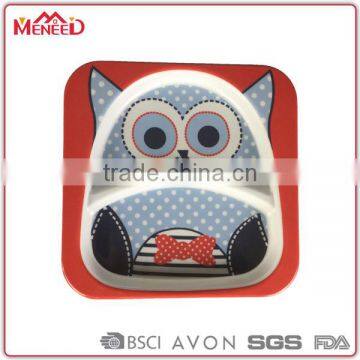 Break resistant owl shaped square divided melamine dinner plates for kids