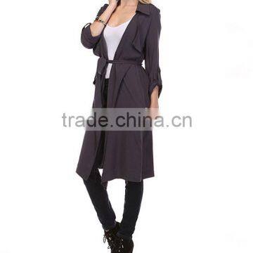 Fashion Modern Apparel Women Trendy Turkey 3/4 Sleeve Plain Spring Winter Coat Charcoal Sheer Trench Long Coat photo-3