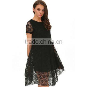 Summer 2014 Women New Arrivals Fashion Brand Black Short Sleeve Embroidered Lace Loose Dress Vestidos Evening Dress