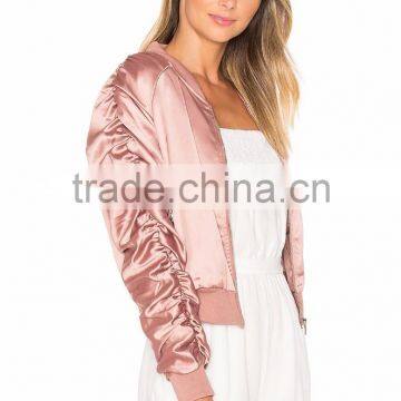 2017 Customize Pleat Pilot Jacket Ribbed Knit Trim Zipper Up 100% Polyester Baseball Jacket With Private Label photo-2