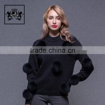 Wholesale hand made korean woollen cashmere sweater for ladies with fox fur pom pom