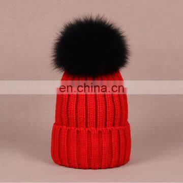 Different colors knit pom pom hats for girls with black fur pompom