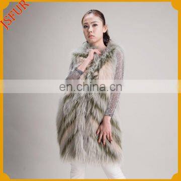 Women outwear raccoon fur vest long blue patchwork fur gilet