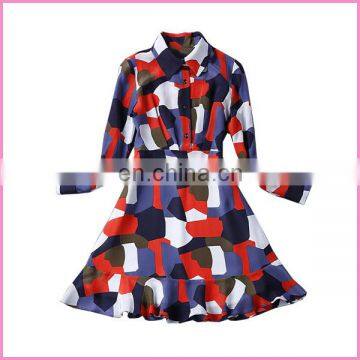 Long sleeve chiffon waistband smocked elegant printing fabric dress