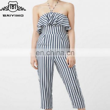 Baiyimo Fashion Sexy Long Off Shoulder Backless Women Striped Jumpsuit