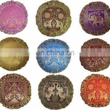 Indian banarsi Silk Brocade Elephant Round Pillow Cover , 17" Handmade Banarsi Cushion Cover Throw Decorative Pillow Case