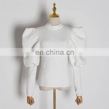 TWOTWINSTYLE O Neck Puff Sleeve Zipper Ruched White Women's Sweatshirts photo-2
