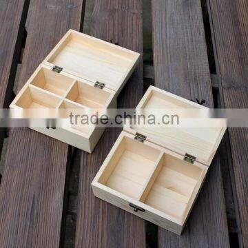 Hinged lid unfinished small wooden divider storage boxes OEM available