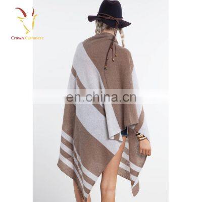 Cashmere Wool Knitted Poncho Shawls With Buttons Stripe Color Block Shawl photo-3