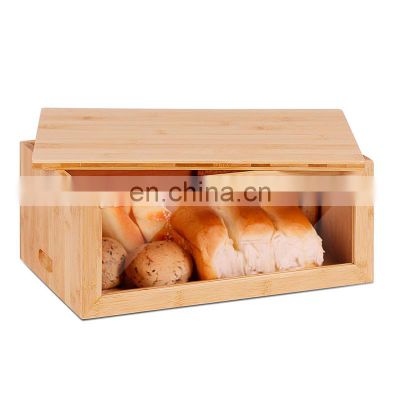 Large Single Layer Bread Box, Large Bread Box for Kitchen Counter Bamboo Bread Food Storage Bin with Cutting Board