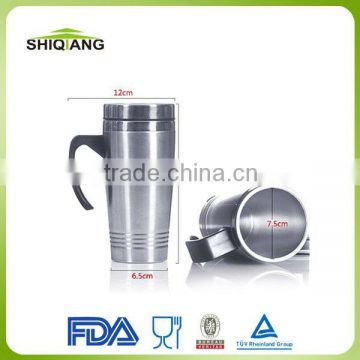 16oz atlasware double wall stainless steel thermal travel coffee mug with plastic handle and streak on the bottom