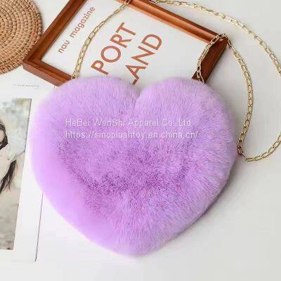 012New plush faux fur Winter tote Chain Crossbody Bag Small cute heart sharp tote pink red black purse