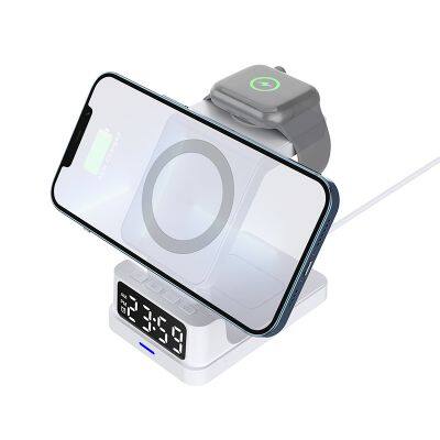 4 in 1 magnetic stand with multi-function digital clock wireless charger 15W fast charging for iPhone 15 14 13 12 pro max