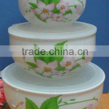 Factory directly sell porcelain bowl with plastic lid 3 pcs food storage bowl set-white flower