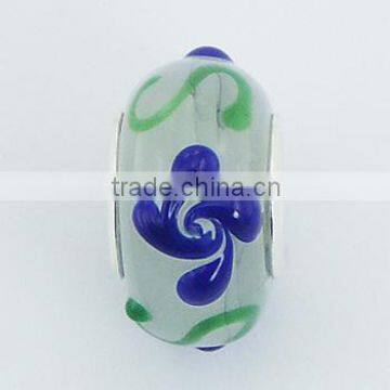 Handmade Murano Glass Bead Blue Flowers Green Twirls Relief